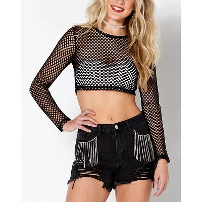 Black Open Mesh Crop Top