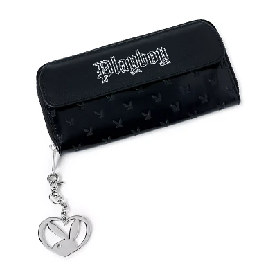 Black Playboy Bunny Embossed Rhinestone Zip Wallet