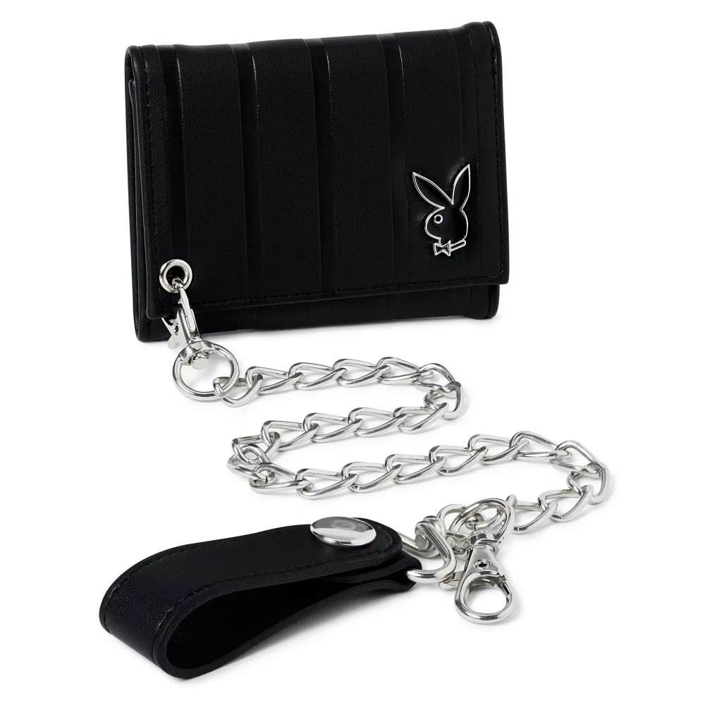 Black Playboy Striped Debossed Trifold Chain Wallet