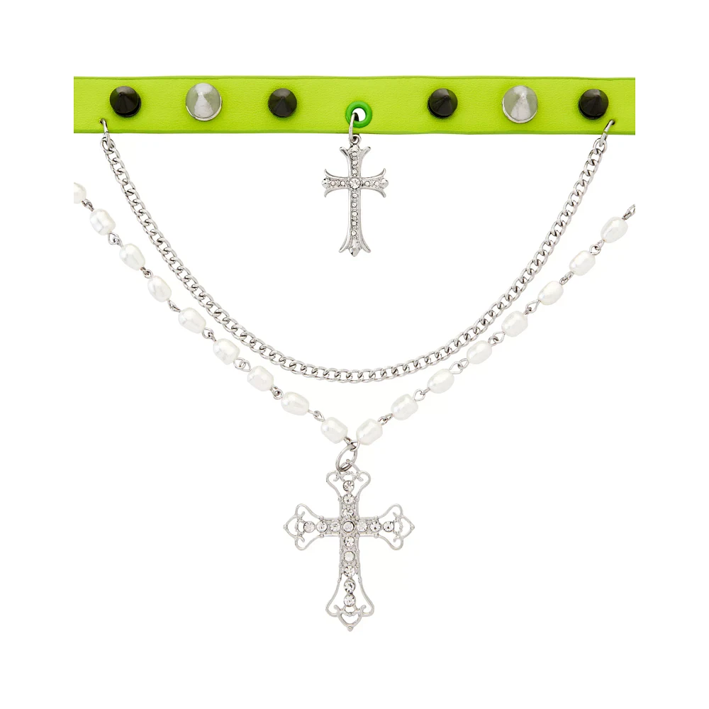 CZ Pearl-Effect Cross Dangle Chain Choker Necklace