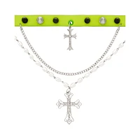 CZ Pearl-Effect Cross Dangle Chain Choker Necklace