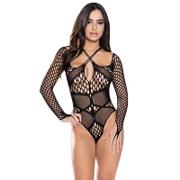 Long Sleeve Strappy Fishnet Teddy