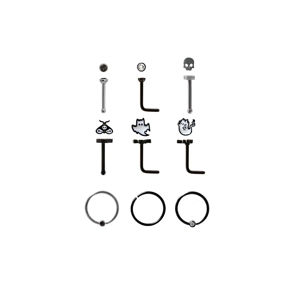 Multi-Pack CZ Moth Skull Ghost Pin L-Bend and Hoop Nose Rings 9 Pack - 18 Gauge