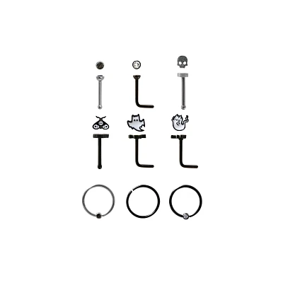 Multi-Pack CZ Moth Skull Ghost Pin L-Bend and Hoop Nose Rings 9 Pack - 18 Gauge