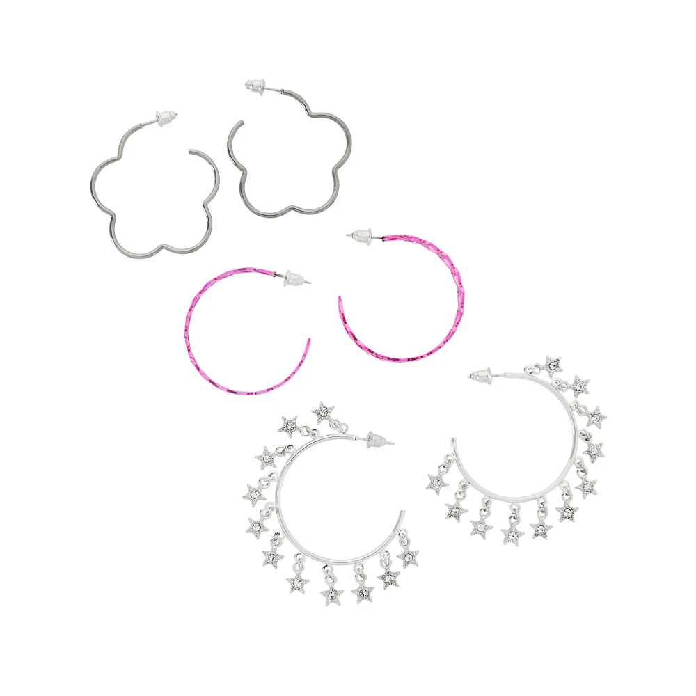 Multi-Pack Pink and Silver Flower Heart Hoop Earrings - 3 Pack