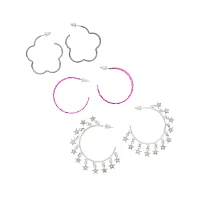 Multi-Pack Pink and Silver Flower Heart Hoop Earrings - 3 Pack