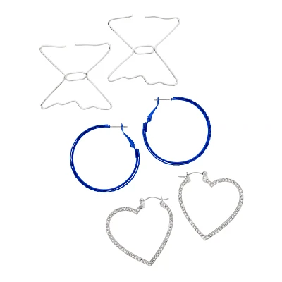 Multi-Pack Blue and Silver Butterfly Heart Hoops - 3 Pair