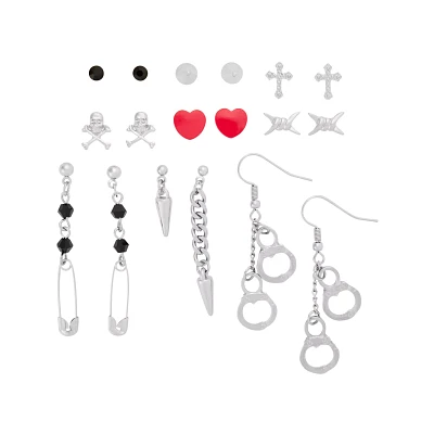 Multi-Pack Cross Skull Safety Pin Handcuff Earrings - 9 Pair