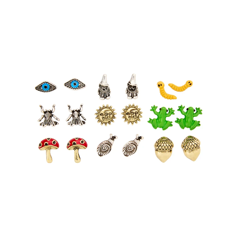 Multi-Pack Snail Acorn Frog Mushroom Sun Stud Earrings - 9 Pair