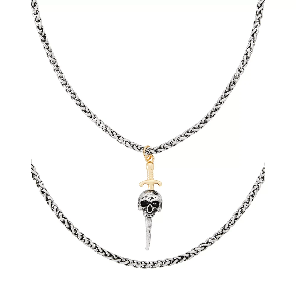 Dual Row Skull Sword Pendant Necklace