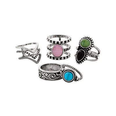 Multi-Pack Silvertone Pink Green Black Blue Stone Rings - 5 Pack