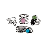 Multi-Pack Silvertone Pink Green Black Blue Stone Rings - 5 Pack