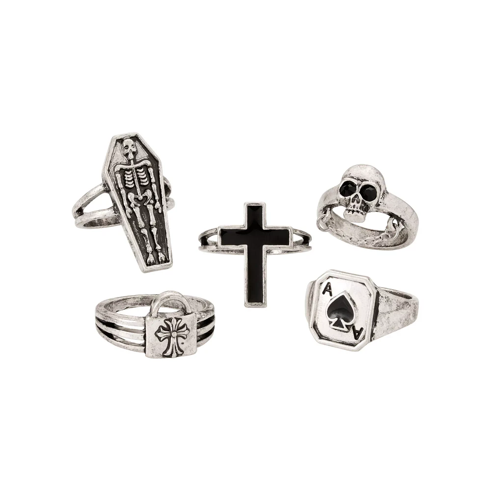 Multi-Pack Skull and Cross Assorted Rings - 5 Pack