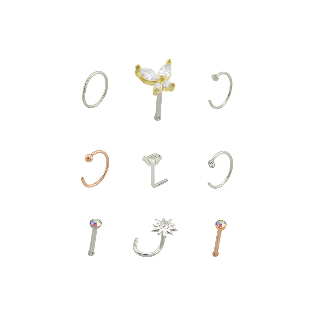 Multi-Pack CZ Butterfly Pin L-Bend Screw Hoop and Half Hoop Nose Rings 12 Pack - 20 Gauge