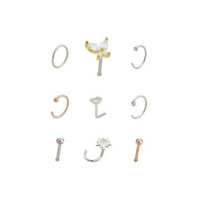 Multi-Pack CZ Butterfly Pin L-Bend Screw Hoop and Half Hoop Nose Rings 12 Pack - 20 Gauge