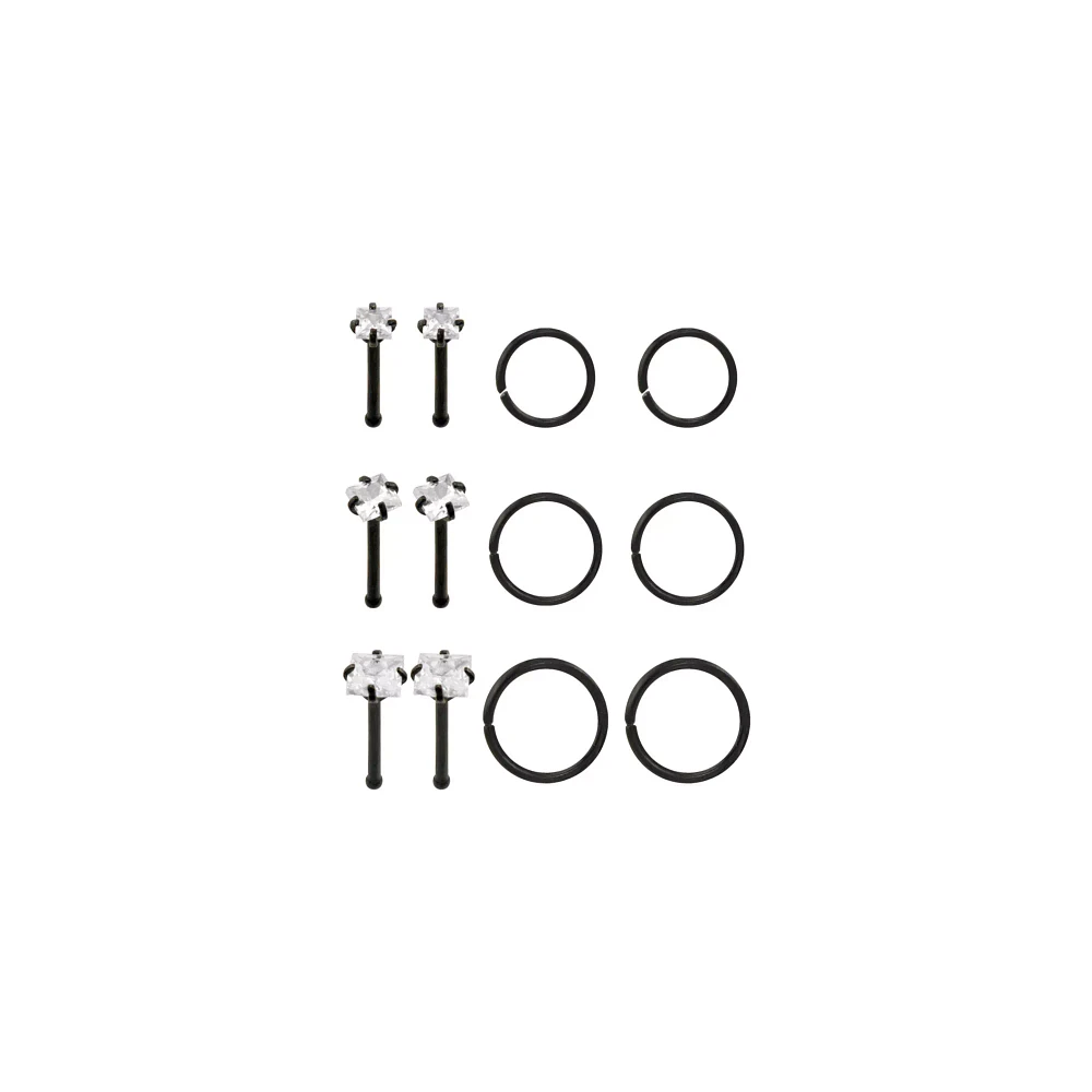 Multi-Pack CZ Classic Black Pin and Hoop Nose Rings 12 Pack - 20 Gauge