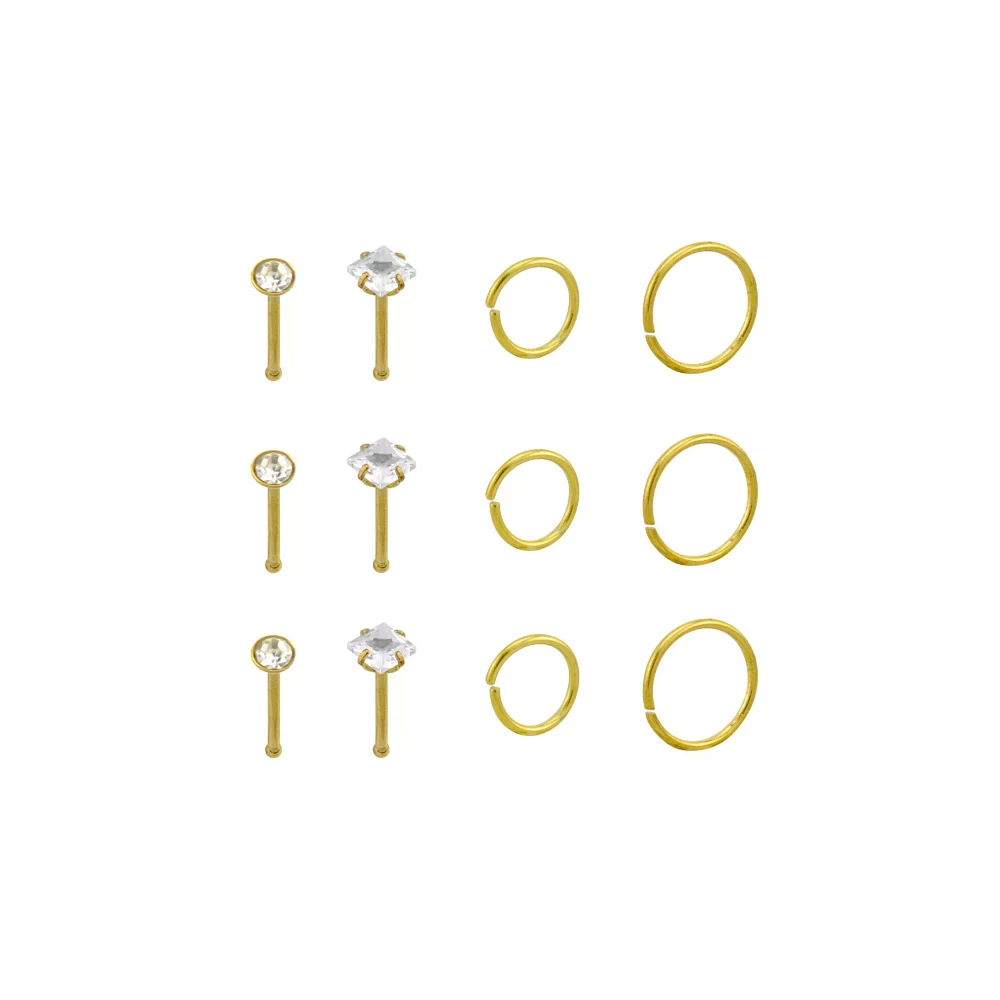 Multi-Pack CZ Classic Goldtone Pin and Hoop Nose Rings 12 Pack - 20 Gauge
