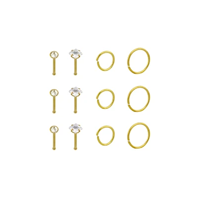 Multi-Pack CZ Classic Goldtone Pin and Hoop Nose Rings 12 Pack - 20 Gauge