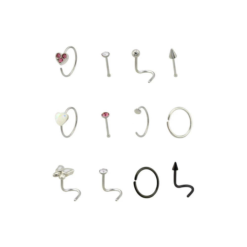 Multi-Pack CZ Heart and Butterfly Nose Rings 12 Pack - 22 Gauge