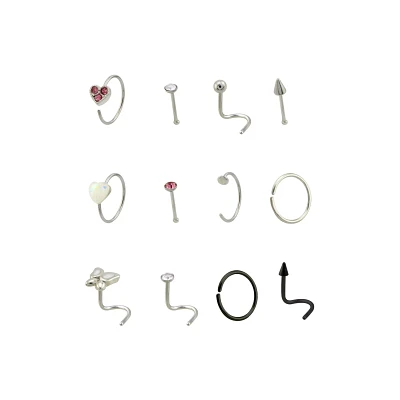 Multi-Pack CZ Heart and Butterfly Nose Rings 12 Pack - 22 Gauge
