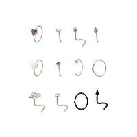 Multi-Pack CZ Heart and Butterfly Nose Rings 12 Pack - 22 Gauge