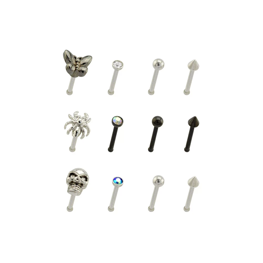 Multi-Pack CZ Butterfly Spider Skull Pin Nose Rings 12 Pack - 20 Gauge