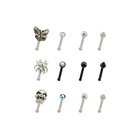 Multi-Pack CZ Butterfly Spider Skull Pin Nose Rings 12 Pack - 20 Gauge