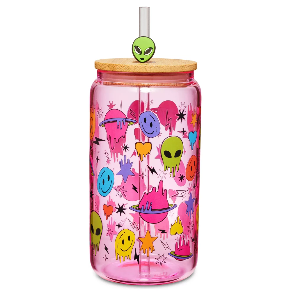 Pink Alien Glass Cup with Straw - 16 oz.