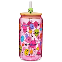 Pink Alien Glass Cup with Straw - 16 oz.