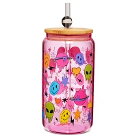 Pink Alien Glass Cup with Straw - 16 oz.