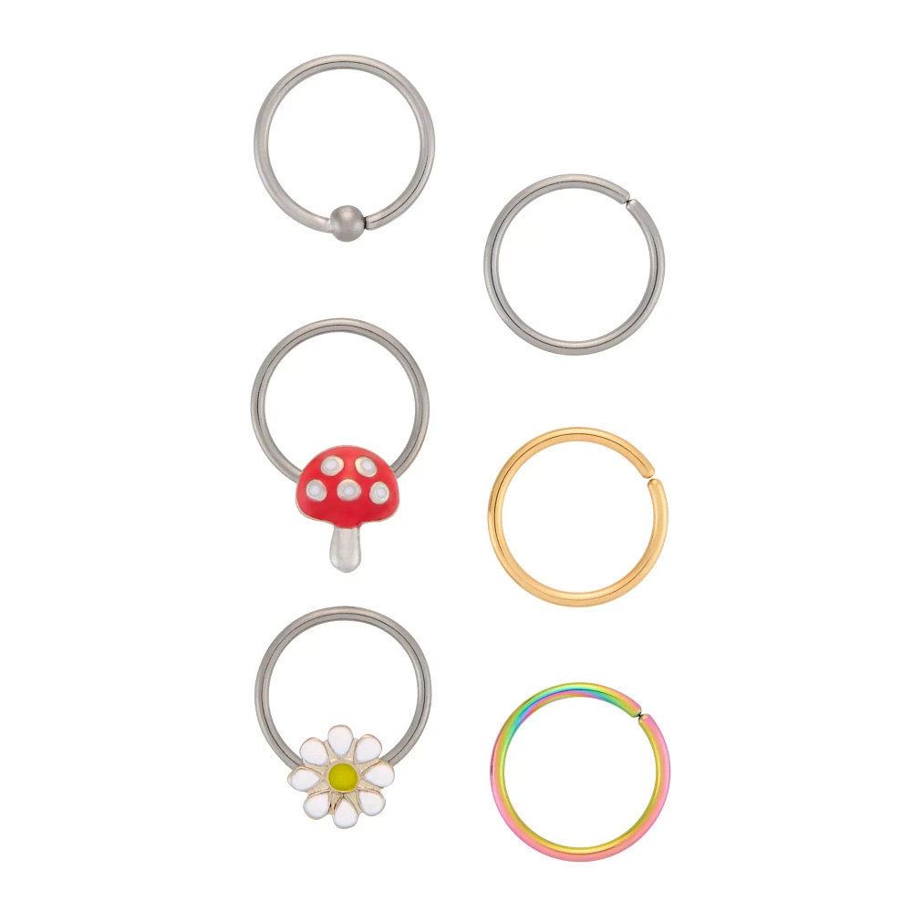 Multi-Pack Mushroom Flower Hoop Nose Rings 6 Pack - 20 Gauge