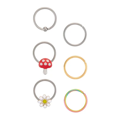 Multi-Pack Mushroom Flower Hoop Nose Rings 6 Pack - 20 Gauge