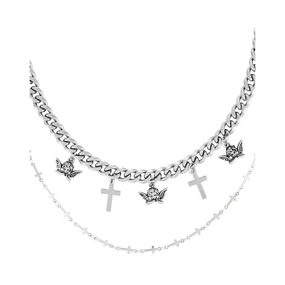 Silvertone Double Row Angel Cross Choker Necklace