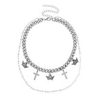 Silvertone Double Row Angel Cross Choker Necklace