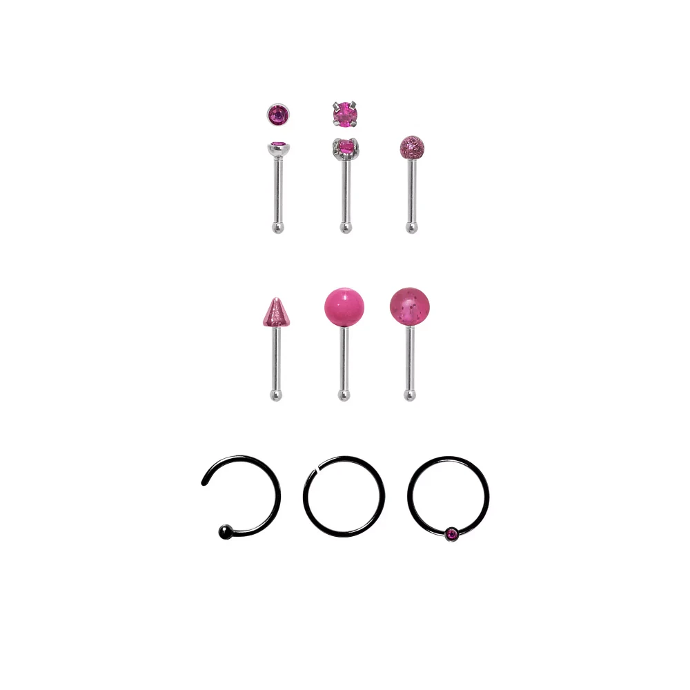 Multi-Pack CZ Pink Nose Pins and Hoop and Half Hoop Nose Rings 9 Pack - 20 Gauge