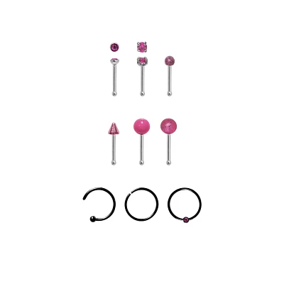 Multi-Pack CZ Pink Nose Pins and Hoop and Half Hoop Nose Rings 9 Pack - 20 Gauge