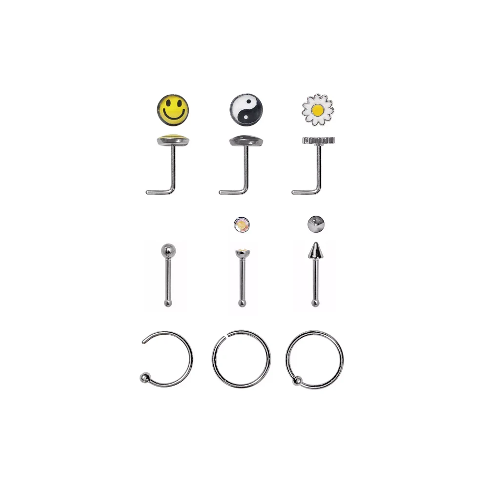 Multi-Pack CZ Smiley Face and Yin Yang Hoop and Pin Nose Rings 9 Pack - 20 Gauge
