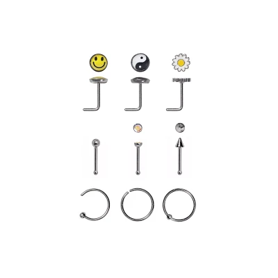 Multi-Pack CZ Smiley Face and Yin Yang Hoop and Pin Nose Rings 9 Pack - 20 Gauge
