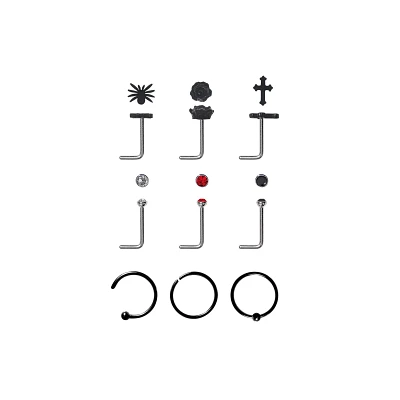 Multi-Pack CZ Black Spider L-Bend and Hoop Nose Rings 9 Pack - 20 Gauge