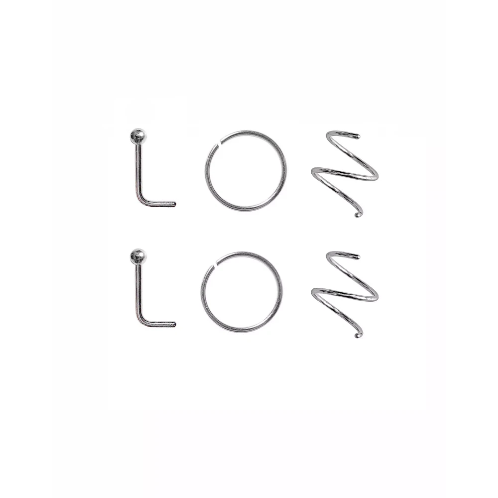 Multi-Pack Silvertone L-Bend and Hoop Nose Rings 6 Pack - 20 Gauge