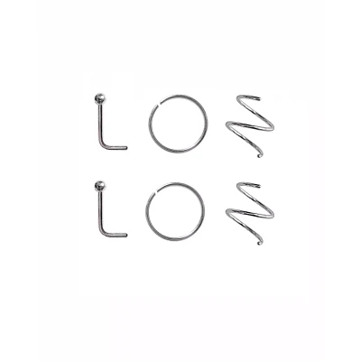 Multi-Pack Silvertone L-Bend and Hoop Nose Rings 6 Pack - 20 Gauge