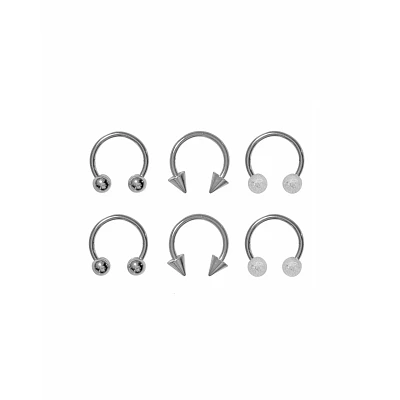 Multi-Pack Spiked and Glitter Silvertone Horseshoe Rings 6 Pack - 10 Gauge
