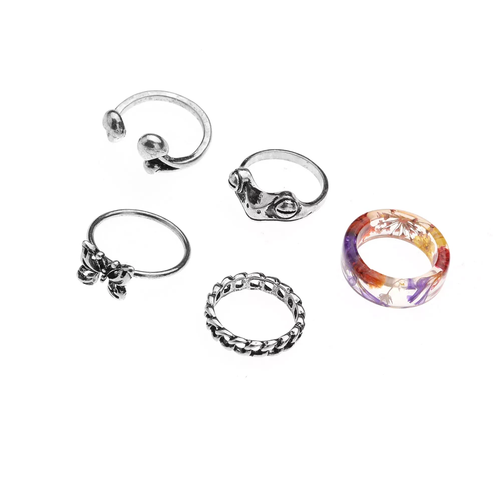 Multi-Pack Frog and Butterfly Silver Rings 5 Pack