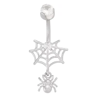 CZ Silvertone Spider Web Dangle Belly Ring - 14 Gauge