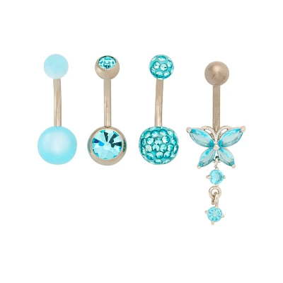 Multi-Pack CZ Blue and Butterfly Dangle Belly Rings 4 Pack - 14 Gauge