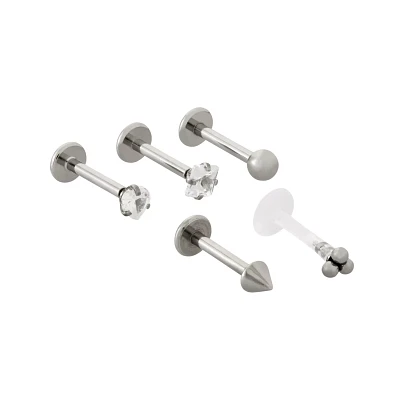 Multi-Pack CZ Threadless Labret Lip Rings 5 Pack - 16 Gauge