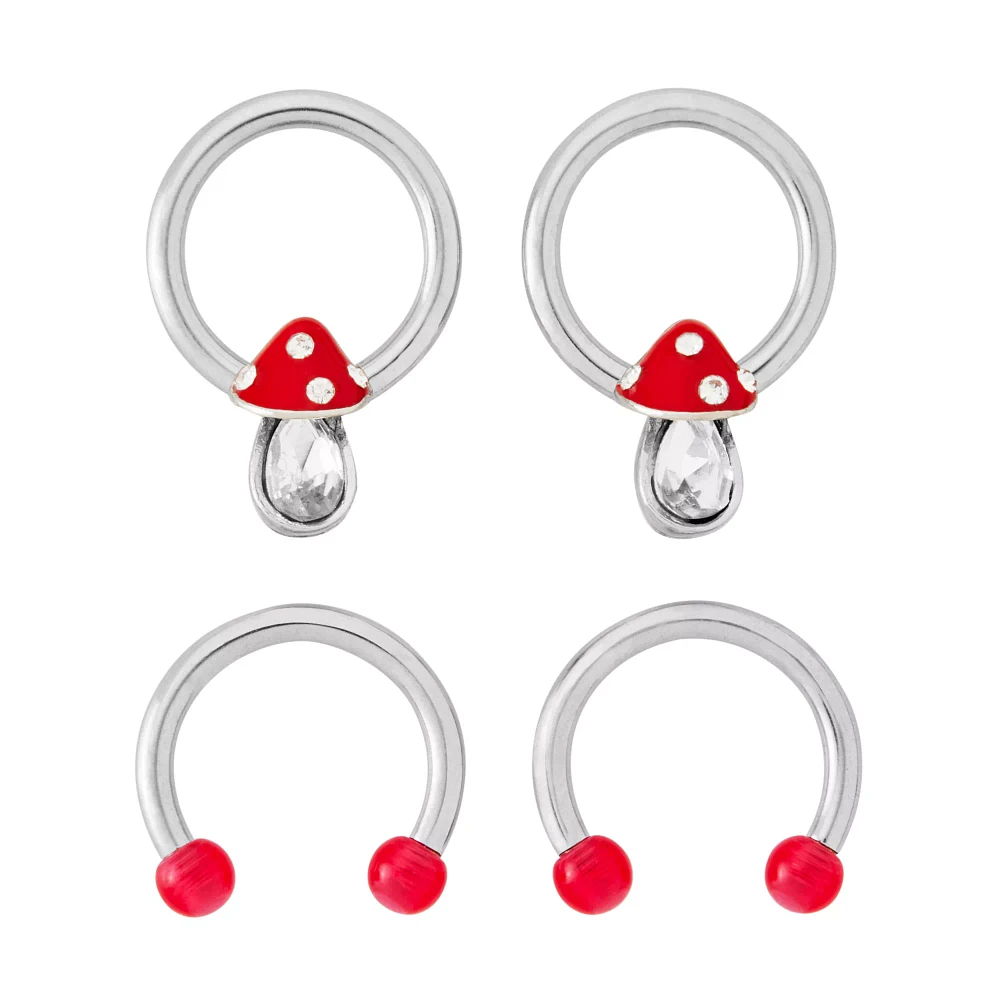Multi-Pack CZ Mushroom Captive Bead and Horseshoe Rings 2 Pair - 14 Gauge