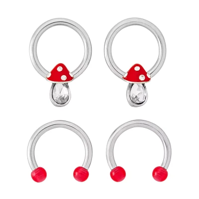 Multi-Pack CZ Mushroom Captive Bead and Horseshoe Rings 2 Pair - 14 Gauge