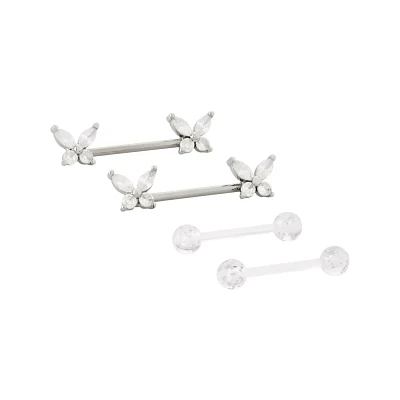 Multi-Pack CZ G23 Titanium Butterfly Nipple Barbells 2 Pair - 14 Gauge