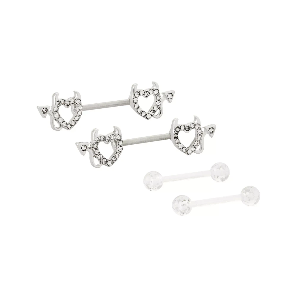Multi-Pack Titanium Devil Heart Nipple Barbells 2 Pairs - 14 Gauge